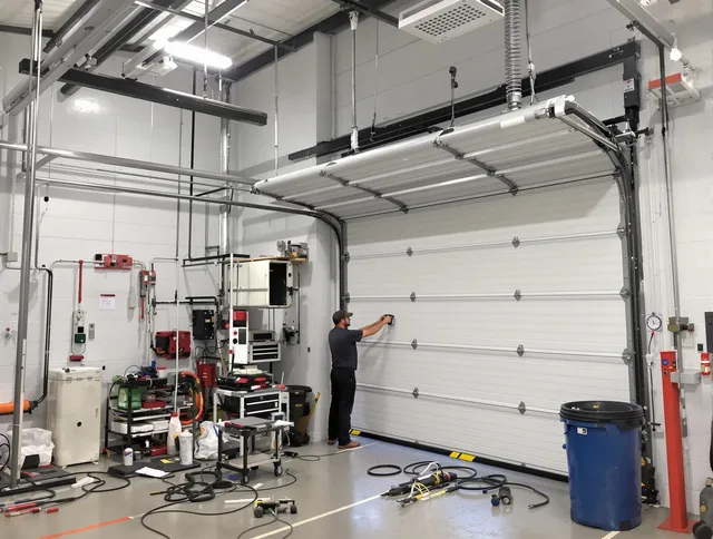 Downey Garage Door Repair certified technician performing commercial door repair at a Downey business facility