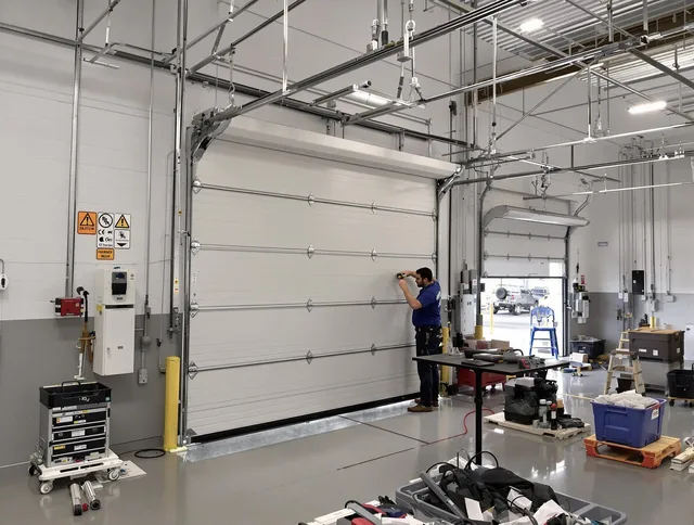 Commercial garage door repair being performed by Downey Garage Door Repair expert in Downey