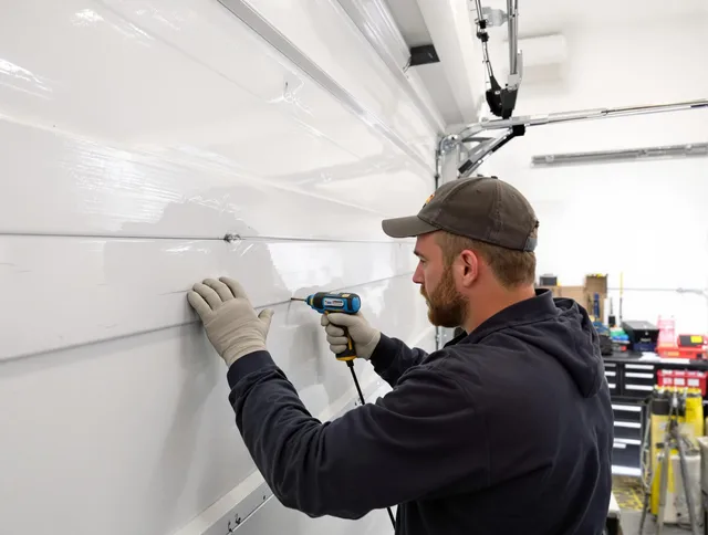 Downey Garage Door Repair technician demonstrating precision dent removal techniques on a Downey garage door