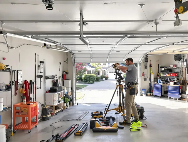 Downey Garage Door Repair specialist performing laser-guided track alignment in Downey
